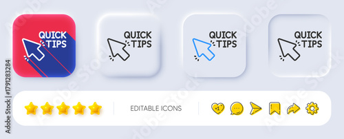 Quick tips click line icon. Neumorphic, Flat shadow, 3d buttons. Helpful tricks sign. Line quick tips icon. Social media icons. Vector