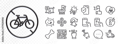 Power info, Dog bone and Bicycle prohibited line icons for web app. Glare of light effect. Message icon. Pack of Leadership, Maze, Electricity bulb pictogram icons. Vector