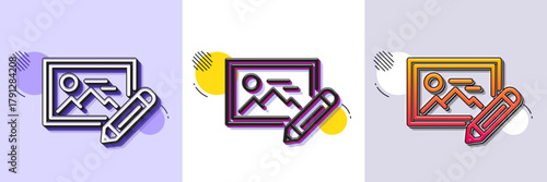 Photo edit line icon. Halftone dotted pattern. Gradient icon with grain shadow. Image thumbnail with pencil sign. Picture placeholder symbol. Line photo edit icon. Various designs. Vector