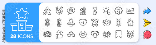 Ranking line icons. Interest rate, AI generate, Inflation icons. First place, star rating and winner medal. Shoulder strap, army achievement and victory ribbon icons. Vector