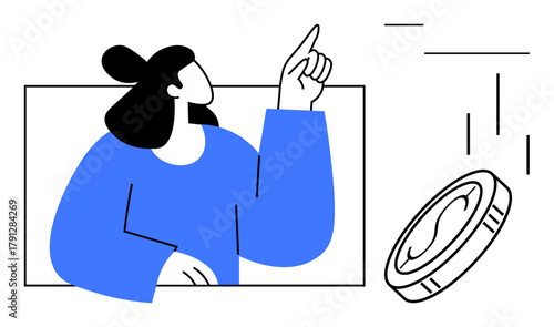 Woman pointing upward while a coin falls, symbolizing decisions, opportunities, financial growth. Ideal for finance, investment, success, decision-making opportunity strategy and planning. Simple