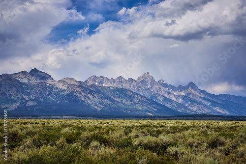 Grand Teton Mountain Range Dramatic Sky and Sagebrush Plains Wyoming
