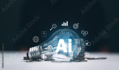 AI innovation for business concept. Glowing light bulb with stacked of coins and business icons. Intelligent technology, data analytics and digital transformation powering modern economic growth.
