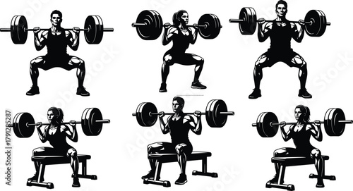Yoga pose silhouettes, flexibilitBarbell squat silhouettes, gym exercise icons, strength training, seated lift, fitness pose, black vector, editable, isolated, workout designy icons,
