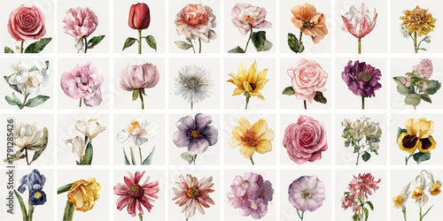Collection of diverse spring flowers in soft pastel colors isolated on white background