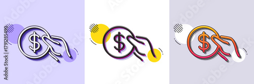 Hold Coin line icon. Halftone dotted pattern. Gradient icon with grain shadow. Banking currency sign. Dollar or USD symbol. Line payment icon. Various designs. Vector
