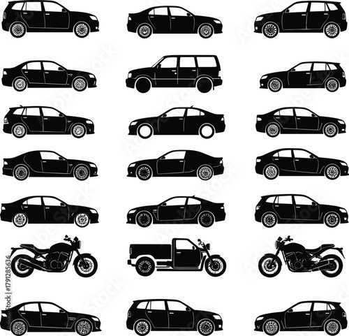 Car and motorcycle silhouettes, vehicle side view icons set, sedan SUV pickup van illustrations, transportation graphics,