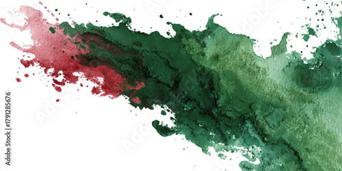 Abstract explosion of vibrant green and pink ink swirling and blending in water on white background