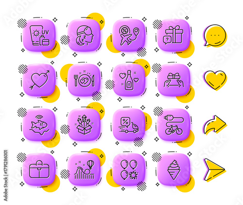 Delivery discount, Sunscreen and Electric bike line icons. App 3d buttons. Social media comment, share, like icons. Pack of Love champagne, Love, Secret gift icon. Vector
