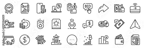 Vip award, Savings and Difficult stress line icons pack. Share, Message, Paper plane icons. Loyalty star, Decreasing graph, Accepted payment web icon. Vector