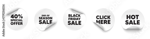 Discount sticker tag. Season sale, Black friday paper price banners. 40 percent discount offer tag. Sale price promo sign. Special offer symbol. Click here sticker. Vector
