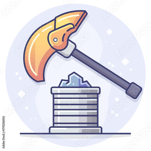 Golden mining pickaxe striking a pile of precious gems and minerals in a stylized illustration