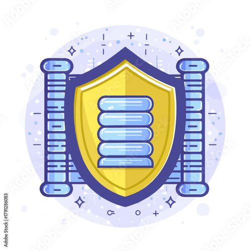 Digital data security shield protecting stacked blue disks with abstract pillars and sparkles