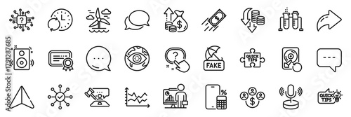 Teacher, Question button and Inflation line icons pack. Share, Message, Paper plane icons. Certificate, Survey check, Messenger web icon. Buying currency, Diagram chart, Fake news pictogram. Vector
