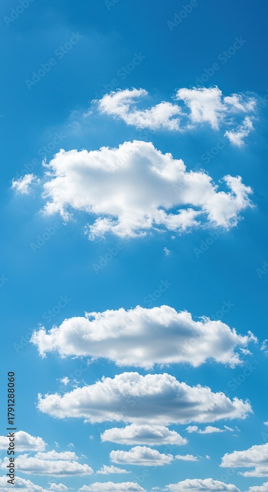 Fototapeta premium Expansive vibrant azure sky with scattered white fluffy cumulus clouds. A peaceful natural backdrop ideal for various design needs ,freedom ,weather ,day