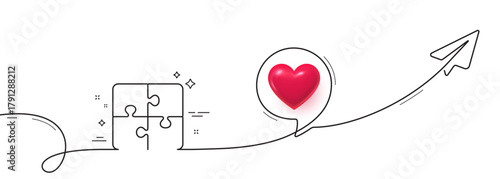Puzzle line icon. Continuous line with share plane. Engineering strategy sign. 3d heart in speech bubble. Puzzle single line ribbon. Loop curve pattern. Vector