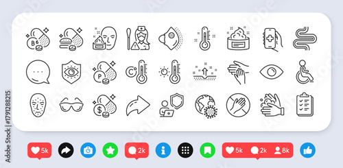 Overeating pills, Wash hands and Thermometer line icons pack. Social media: share, comment, like icons. Weather thermometer, Disability, Checklist web icon. Vector