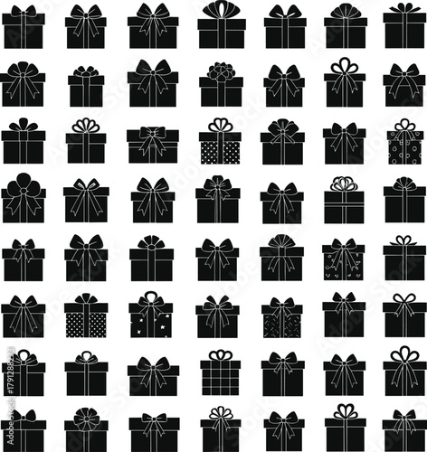 Gift box silhouettes, present icons set with bows and ribbons, holiday packaging illustration pack, black vector, minimal design, 