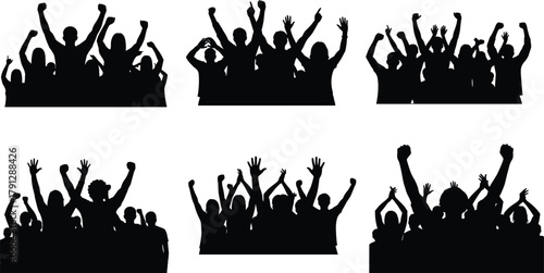 Group celebration silhouettes, cheering crowd, raised hands, unity concept, black icons, vector illustration, excitement, rally, concert, sports fans