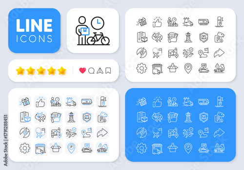 Connecting flight, Get box and Exhaust line icons for web app. Message, Share, Like social media icons. Pack of Flight insurance, Destination flag, Bus tour pictogram icons. Vector