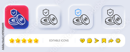 Savings insurance line icon. Neumorphic, Flat shadow, 3d buttons. Risk coverage sign. Money protection symbol. Line savings insurance icon. Social media icons. Vector