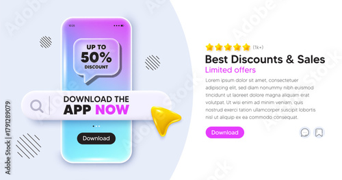 Discount tag mobile phone banner. App chat speech bubble. Up to 50 percent discount. Sale offer price sign. Special offer symbol. Save 50 percentages. Phone template with search bar. Vector
