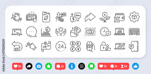 Report timer, Phone message and Qr code line icons pack. Social media: share, comment, like icons. Canister, Technical documentation, Bid offer web icon. Vector