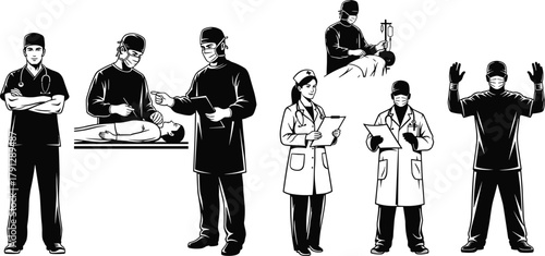 Medical professional silhouettes, doctor icons, nurse, surgeon, patient care, operation scene, clipboard, black vector, editable, isolated