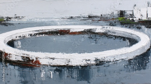An abstract art piece depicting a circular reflection in a lake or pond, with a cityscape in the background.