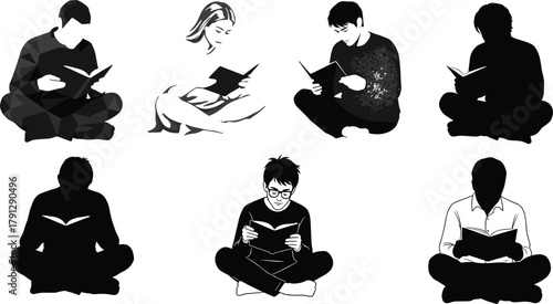 Reading illustration set, cross-legged pose, book lovers, artistic styles, education concept, sketch, silhouette, geometric, line art, diversity