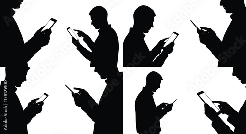 Smartphone user silhouettes, mobile interaction, black icons, digital behavior, modern lifestyle, vector illustration, tapping, swiping, posture, technology