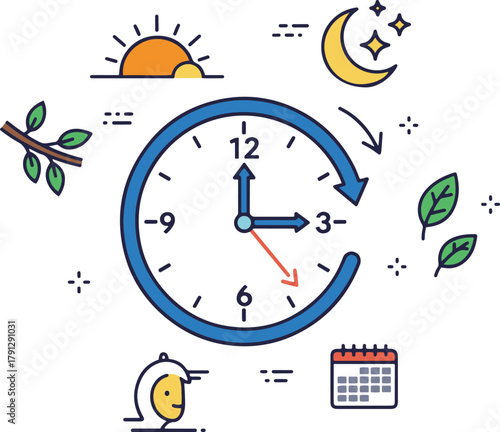 a circular clock with an arrow indicating a time change, surrounded by icons representing daylight savings time and seasonal changes.