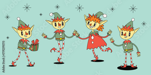 Christmas Elves characters set. Cartoon groovy 70s holiday mascots. Merry Christmas and Happy New Year. Comic Boy and girl elves. Vector winter holiday illustrations.