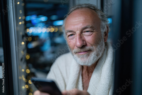 Wallpaper Mural An older gentleman, wearing a warm sweater, sits by a window, smiling as he interacts with his smartphone, showcasing a modern blend of technology and happiness. Torontodigital.ca