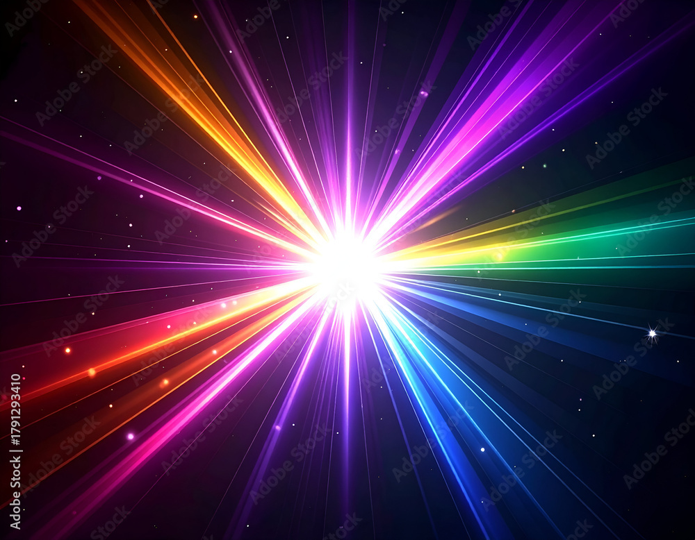Naklejka premium Vibrant rainbow light burst radiating dynamic colorful beams and sparkling particles on a dark, cosmic background. Energetic and abstract graphic.