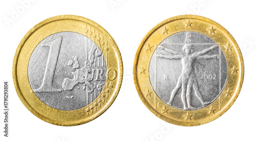 Isolated photo of 1 euro Italy 2002 R coin obverse and reverse on white background.