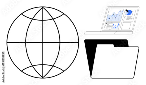 Globe symbol beside a laptop displaying analytics and a folder icon. Ideal for data exchange, global networking, business analysis, digital organization, communication, research, simple flat metaphor