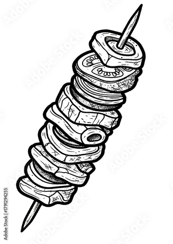 Shawarma Skewer Illustration in Hand-Drawn Style – Vintage Food Vector