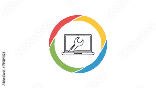 Vector illustration of laptop repair icon with wrench inside colorful circle on a transparent background