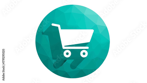 Vector illustration of turquoise faceted circle with shopping cart icon on a transparent background