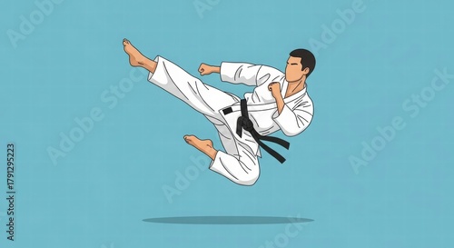 Dynamic Karate Kick: A focused karateka executes a powerful kick mid-air, showcasing precision, discipline, and the art of martial arts.