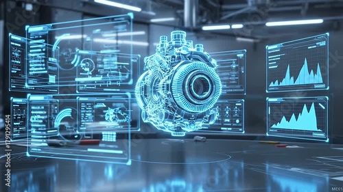 Futuristic Engine Diagnostics Examining a Transparent Hologram of a Turbine Engine with Interface Overlays