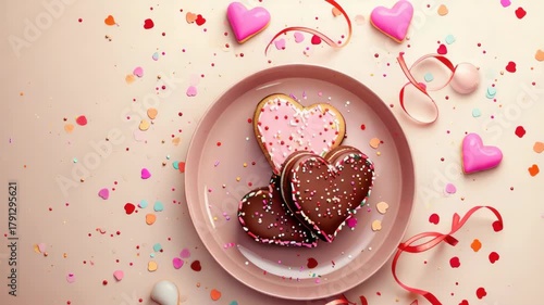 A plate with three chocolate cookies and pink sprinkles. The cookies are shaped like hearts. The plate is on a table with pink confetti