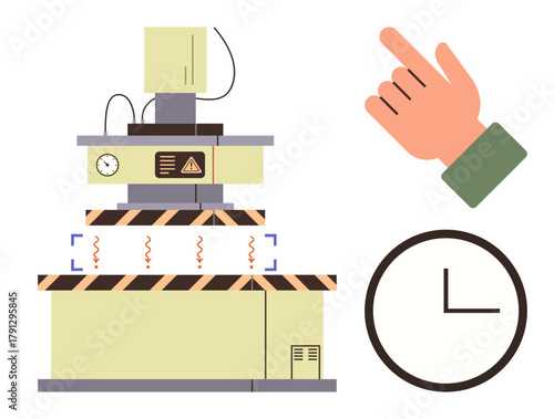Automated factory equipment with warning strip, clock showing time management, and pointing hand gesture. Ideal for automation, efficiency, workflow, production, safety, precision process timing