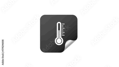 Vector illustration of thermometer icon on a dark square background with a peeling sticker effect, on a transparent background