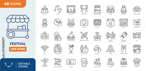 Festival line editable icon set. featuring icons of various music, parade, fireworks, lighting, celebration symbols, and more. Editable stroke. Vector illustration	