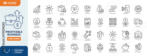 Profitable Business line editable icon set. Contain icons related to business profit. Editable stroke. Vector illustration	