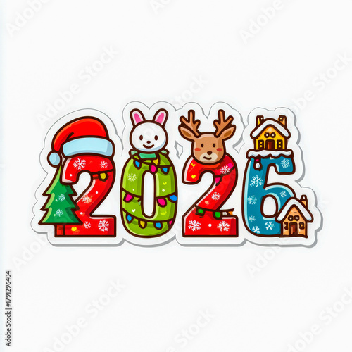 Cute 2026 with bunny and reindeer. Festive cartoon style.
