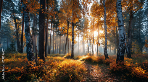 Golden autumn forest scene with winding path illuminated by sun rays piercing through the mist and white birch and dark pine trees.