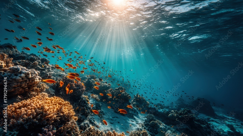 Naklejka premium Ocean acidification undermines marine health by damaging reefs, reducing fish stocks, and shrinking biodiversity vital for ocean balance. 